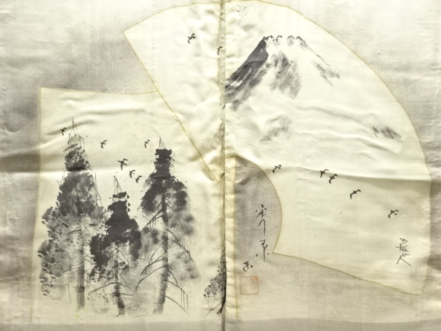 JAPANESE KIMONO / ANTIQUE MENS HAORI / TSUMUGI / MT. FUJI & TREE (lining)